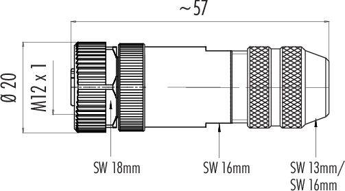 Steckerabmessungen: Gesamtlänge ca. 57 mm, Durchmesser 20 mm, Gewinde M12 x 1, Schlüsselweiten 18 mm, 16 mm, 13 mm.