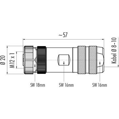 Technische Zeichnung eines zylindrischen Steckverbinders mit Maßen: Länge ca. 57 mm, Durchmesser 20 mm, Kabeldurchmesser 8-10 mm.