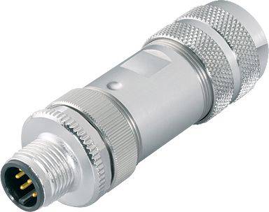 Ein zylindrischer, silberner Stecker mit mehreren Kontaktpins an einem Metallgehäuse, geeignet zum Verbinden von elektrischen Geräten.