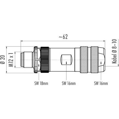'Technische Zeichnung eines Steckers: M12 x 1, Länge ~62 mm, Durchmesser 20 mm, Kabel-Ø 8-10 mm, SW 18 mm und 16 mm.'