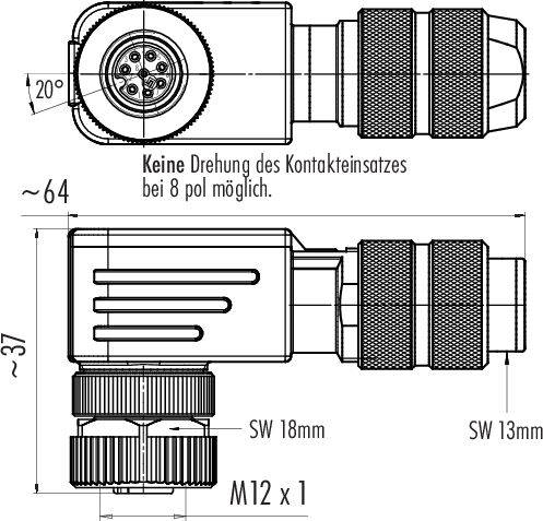 Technische Zeichnung einer elektrischen Buchse, M12 x 1, mit Maßen 64 mm und 37 mm. Hinweis: 'Keine Drehung des Kontakteinsatzes bei 8 pol möglich.'