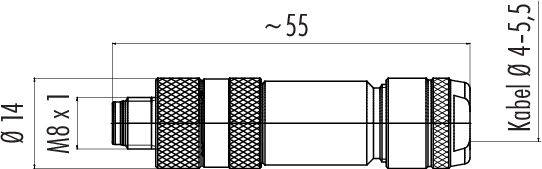 Technische Zeichnung eines Steckverbinders mit Maßen: Gesamtlänge ~55mm, Durchmesser 14mm, Kabeldurchmesser 4-5,5mm, Gewinde M8 x 1.