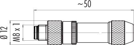 Technische Zeichnung eines zylindrischen Steckers mit Durchmesser 12 mm und Länge ca. 50 mm. Gewinde: M8 x 1.