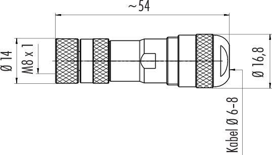Technische Zeichnung eines Steckverbinders mit Maßen: Länge circa 54 mm, Durchmesser 14 mm und 16,8 mm, Gewinde M8 x 1.