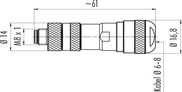 Technische Zeichnung eines Steckverbinders mit Maßen: Gesamtlänge ca. 61 mm, Durchmesser 16,8 mm, Kabeldurchmesser 6-8 mm, Gewinde M8 x 1.