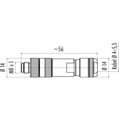Technische Zeichnung eines Steckverbinders mit M8-Gewinde, Gesamtlänge ca. 56 mm, Kabeldurchmesser 4-5,5 mm.