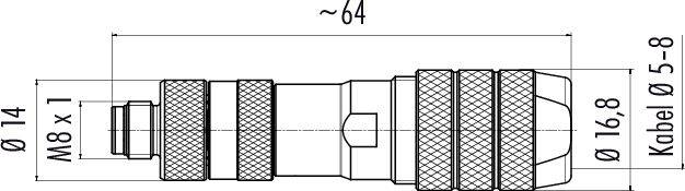 Technische Zeichnung eines Kabelverbinders mit Maßen: Länge ca. 64 mm, Durchmesser 16,8 mm, Kabeldurchmesser 5-8 mm, Gewinde M8 x 1.