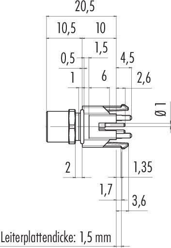 Technische Zeichnung eines elektrischen Steckverbinders mit detaillierten Maßen in Millimetern. Leiterplattendicke: 1,5 mm.