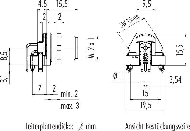Technische Zeichnung eines Steckverbinders mit Maßangaben in Millimetern. Beschriftet: 'Leiterplattendicke: 1,6 mm'.