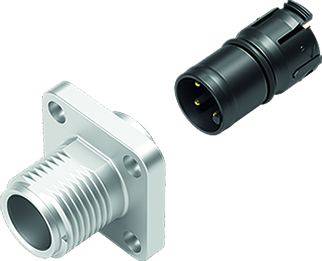 Ein schwarzer Stecker mit drei Metallstiften und eine silberne Buchse mit Gewinde. Verbindungsbauteile, vermutlich für elektronische Geräte.
