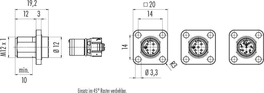'Technische Zeichnung eines Steckers mit M12-Gewinde. Darstellung von Seitenansicht, Maßangaben und dreipoliger Frontansicht des Steckers.'