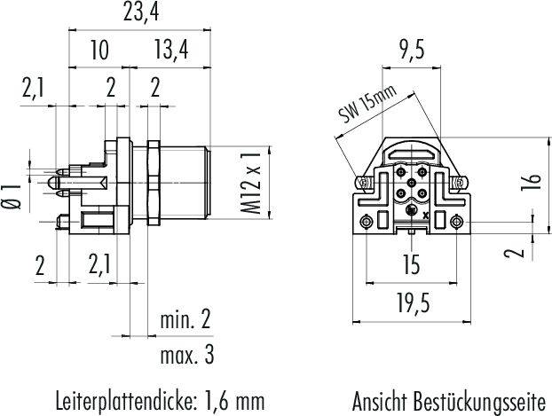 'Technische Zeichnung eines Steckverbinders. Details: M12x1-Gewinde, Leiterplattendicke 1,6 mm, Anschlüsse mit Maßen in mm.'