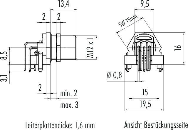 'Technische Zeichnung eines elektrischen Steckers: zeigt Maße in mm, z.B. Gesamtlänge 31, Gewindedurchmesser M12 x 1, Kontaktstiftabstand.'