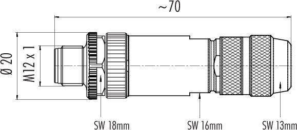 Technische Zeichnung eines Steckverbinders mit M12-Gewinde, Durchmesser 20 mm, Gesamtlänge ca. 70 mm, Schlüsselweiten SW 18, SW 16 und SW 13 mm.