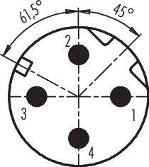 Diagramm einer 4-poligen Buchse mit Nummerierung der Pins 1 bis 4. Winkel von 61,5° und 45° sind markiert.