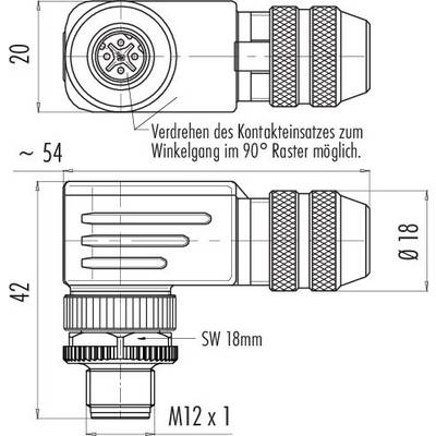 Technische Zeichnung eines rechteckigen Steckverbinders mit Drehkontakten. Maße: 54 mm Breite, 42 mm Höhe. Beschriftung: 'M12 x 1', 'SW 18 mm'.