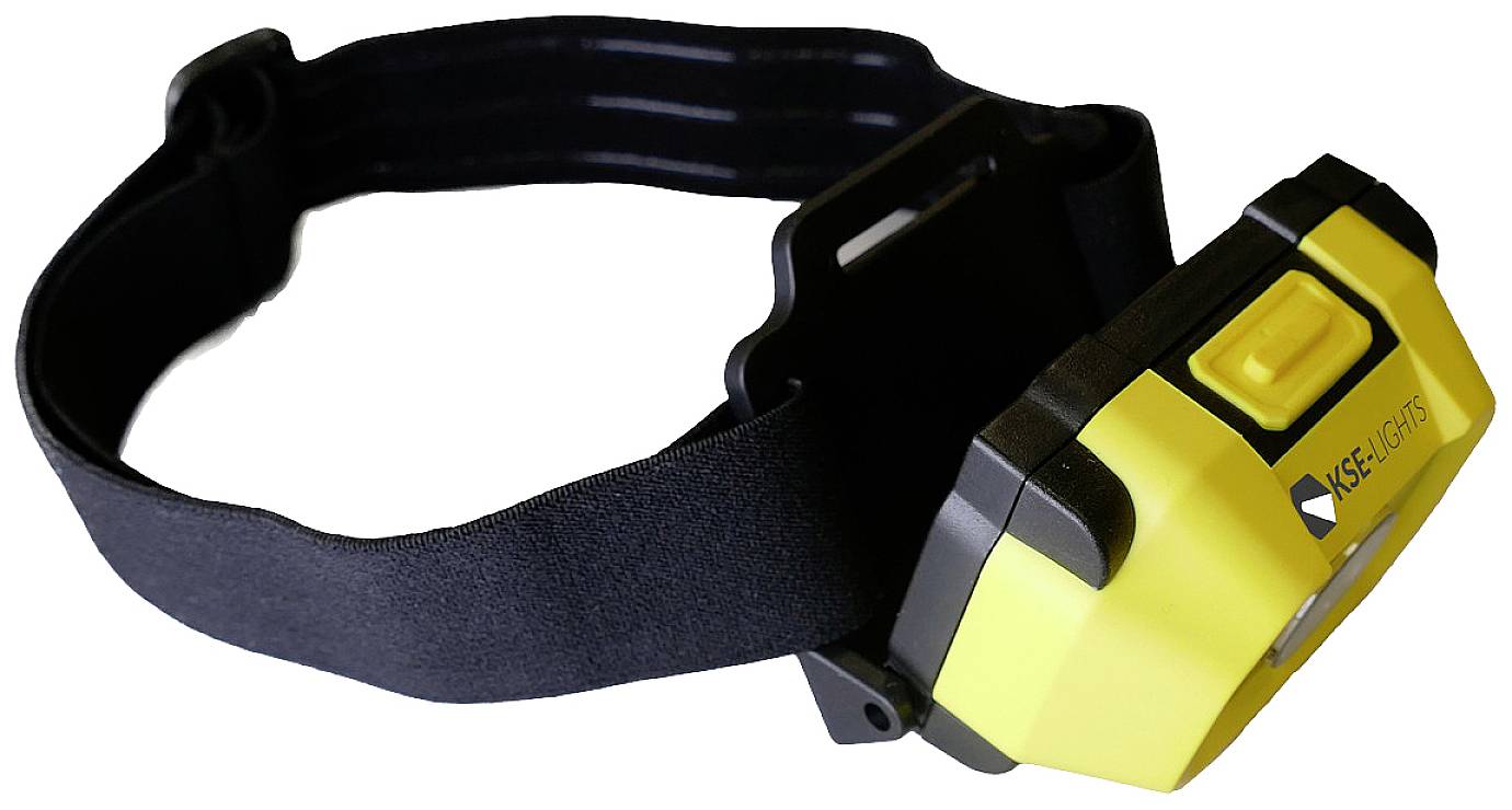 Gelbe LED-Stirnlampe mit schwarzem elastischem Band, geeignet für Outdoor-Aktivitäten bei Dunkelheit.