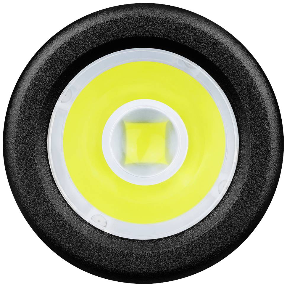 Eine runde LED-Lampe mit gelbem Zentrum und schwarzem Gehäuse, aus der Perspektive von oben aufgenommen.