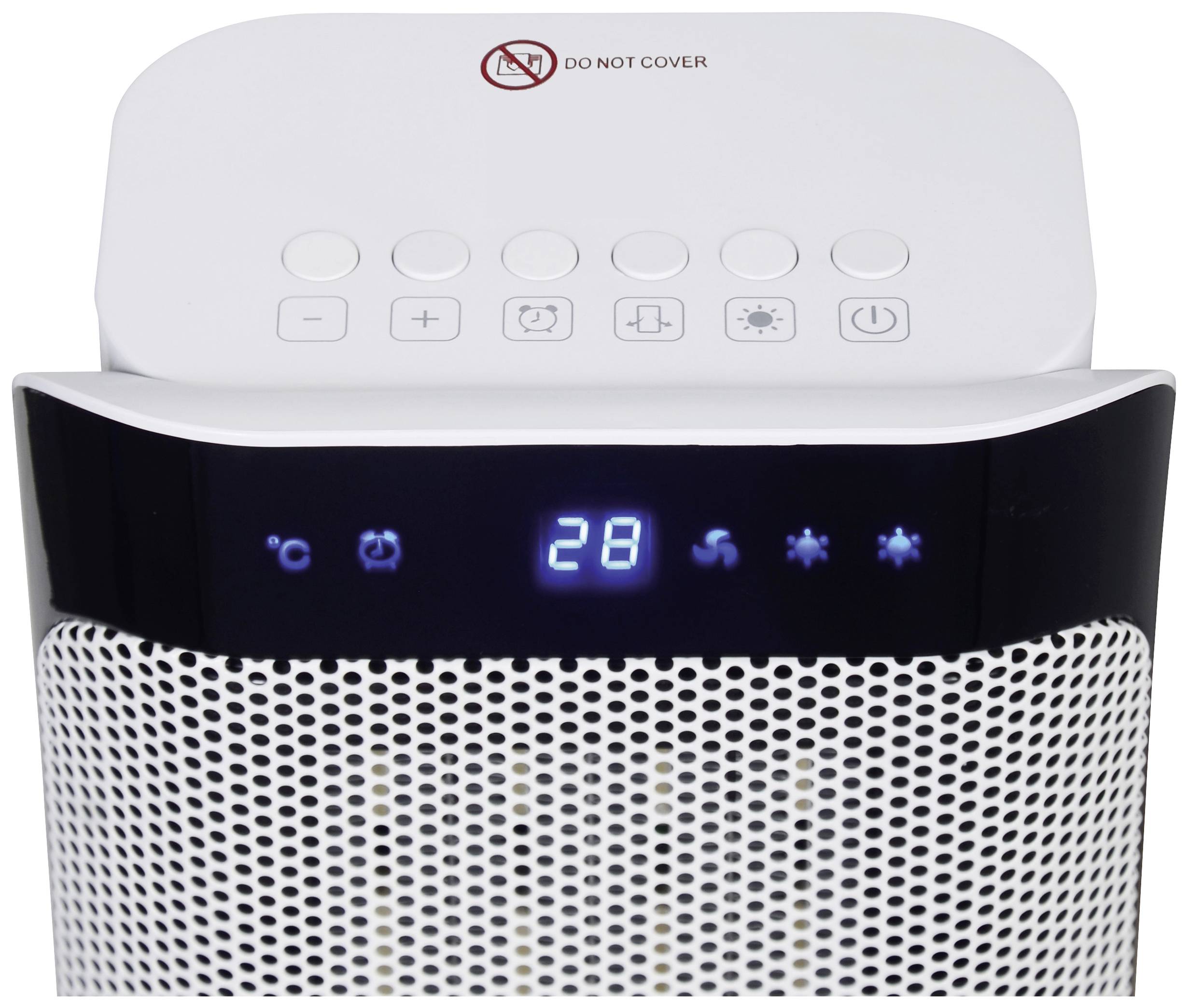 Luftreiniger mit Bedienfeld, zeigt eine digitale Anzeige '28' und Symbole für Betriebsmodi. Hinweis 'DO NOT COVER' oben.