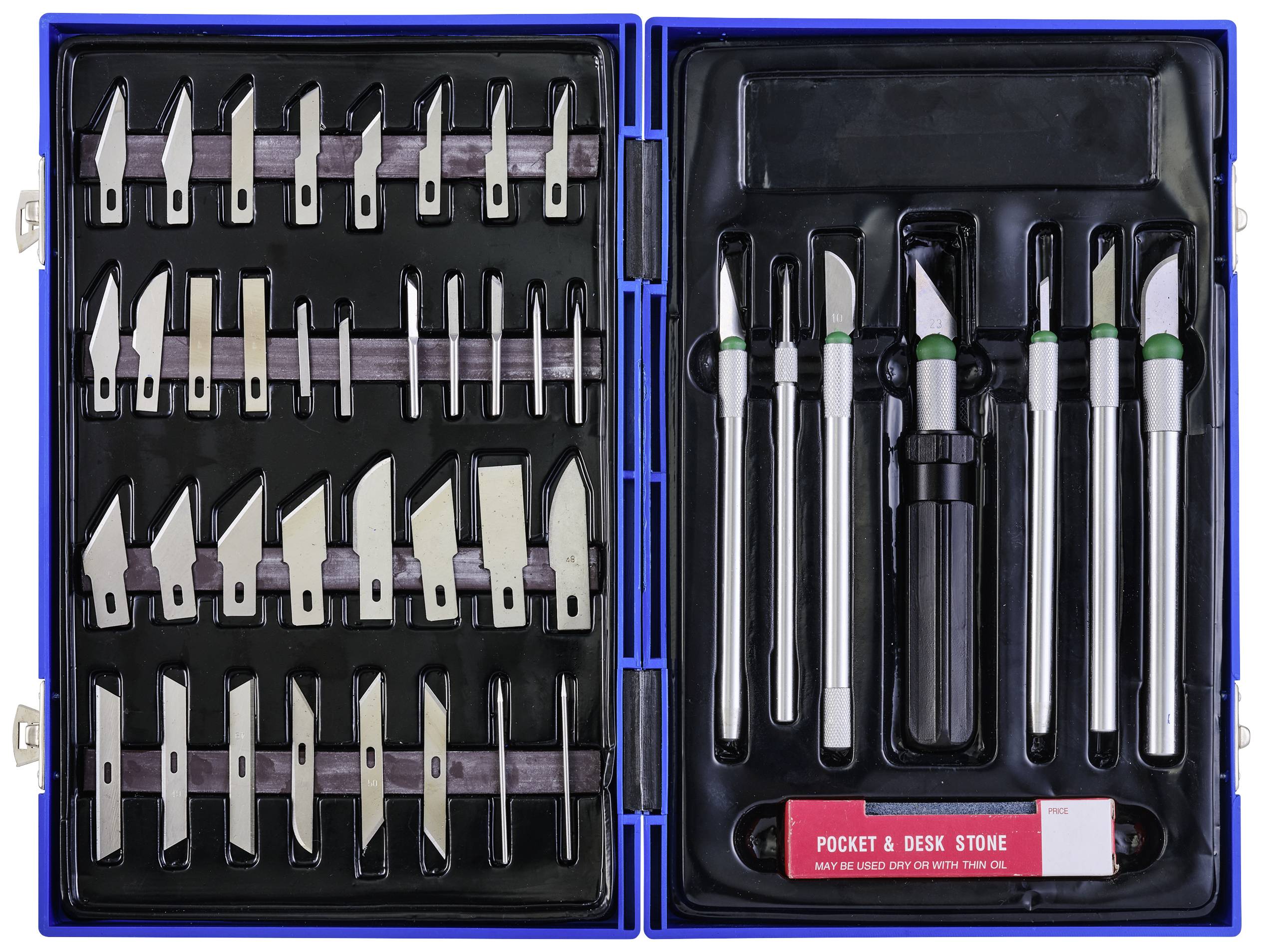 Kunstmesser-Set in einem blauen Koffer, bestehend aus verschiedenen Klingenarten und Griffen, sowie einem Schleifstein.