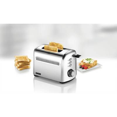 Ein Toaster mit zwei Toastscheiben, links ein Stapel ungetoastetes Brot, rechts ein Teller mit gebuttertem Toast und Beeren.