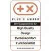 'Plus X Award'-Logo mit den Auszeichnungen 2019 für High Quality, Design, Bedienkomfort, Funktionalität. Webseite: www.plusxaward.de.