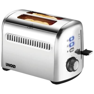 Silberner Toaster mit zwei Toastscheiben oben, blauen Anzeigelichtern und einem Drehknopf an der Seite für Einstellungen.