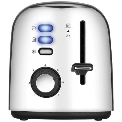 Ein silberner Toaster mit blauen Lichtern, sieben Bräunungsstufen, Auftaufunktion, Stopptaste und zwei Schlitzen für Brotscheiben.
