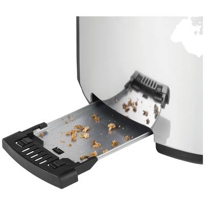 Ein Toaster mit einer herausgezogenen Krümelschublade, die mit Krümeln bedeckt ist, zur einfachen Reinigung.