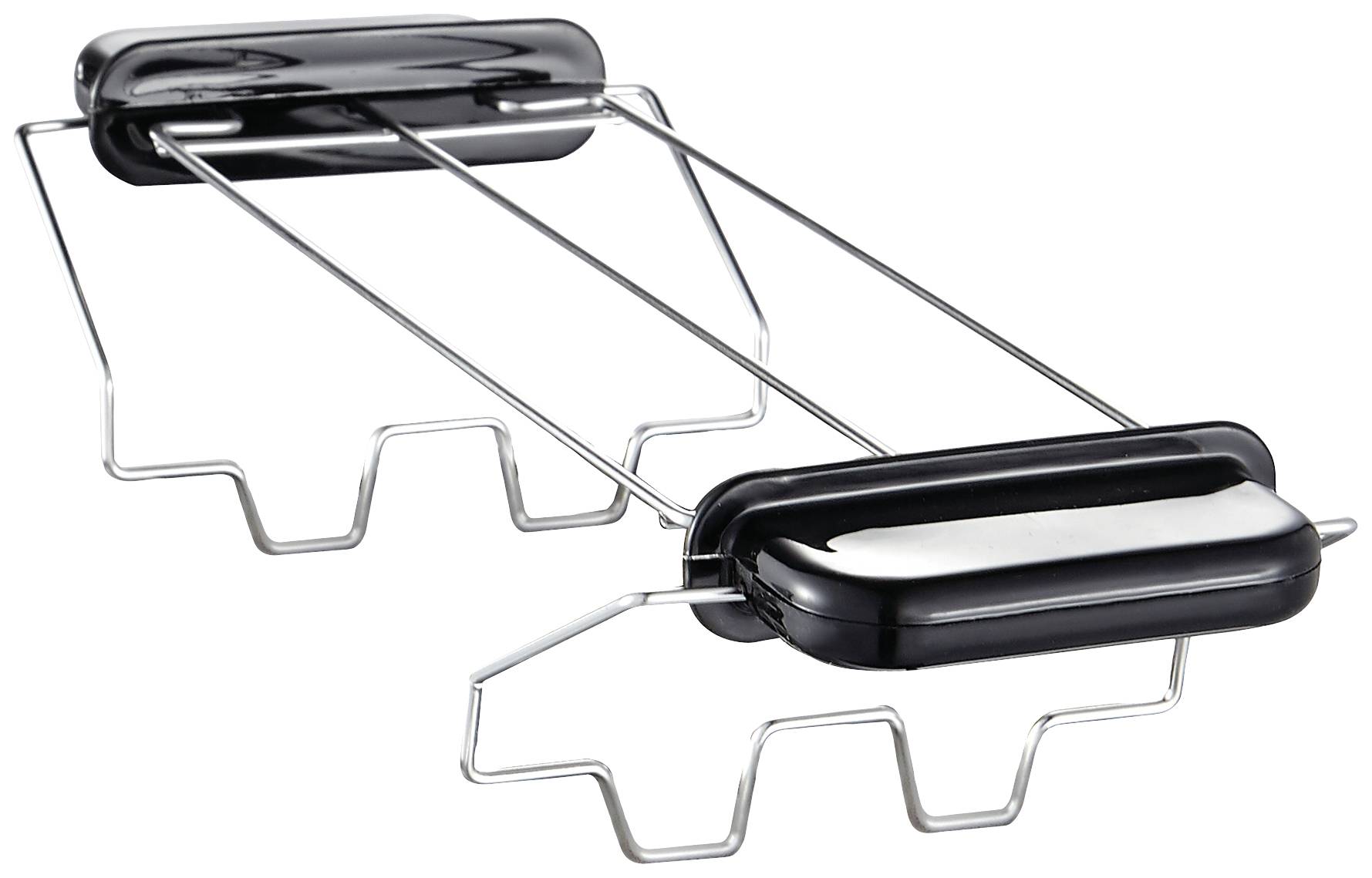 Ein schwarzer Toasteraufsatz aus Metall mit mehreren Stäben zum Rösten von Brot über einem Toaster, im Küchenbereich verwendet.