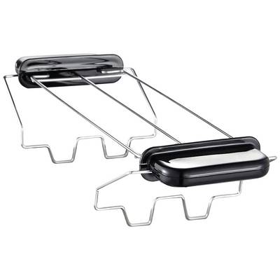 Ein schwarzer Toasteraufsatz aus Metall mit mehreren Stäben zum Rösten von Brot über einem Toaster, im Küchenbereich verwendet.