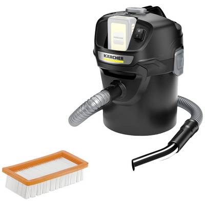 Ein schwarzer Aschesauger mit Schlauch und Düse steht neben einem austauschbaren Filter mit orangefarbenem Rahmen.