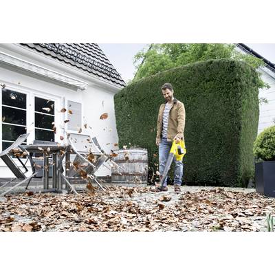 Ein Mann entfernt mit einem Laubbläser die Blätter von einer Terrasse vor einem Haus. Gartenmöbel und ein Busch sind im Hintergrund.