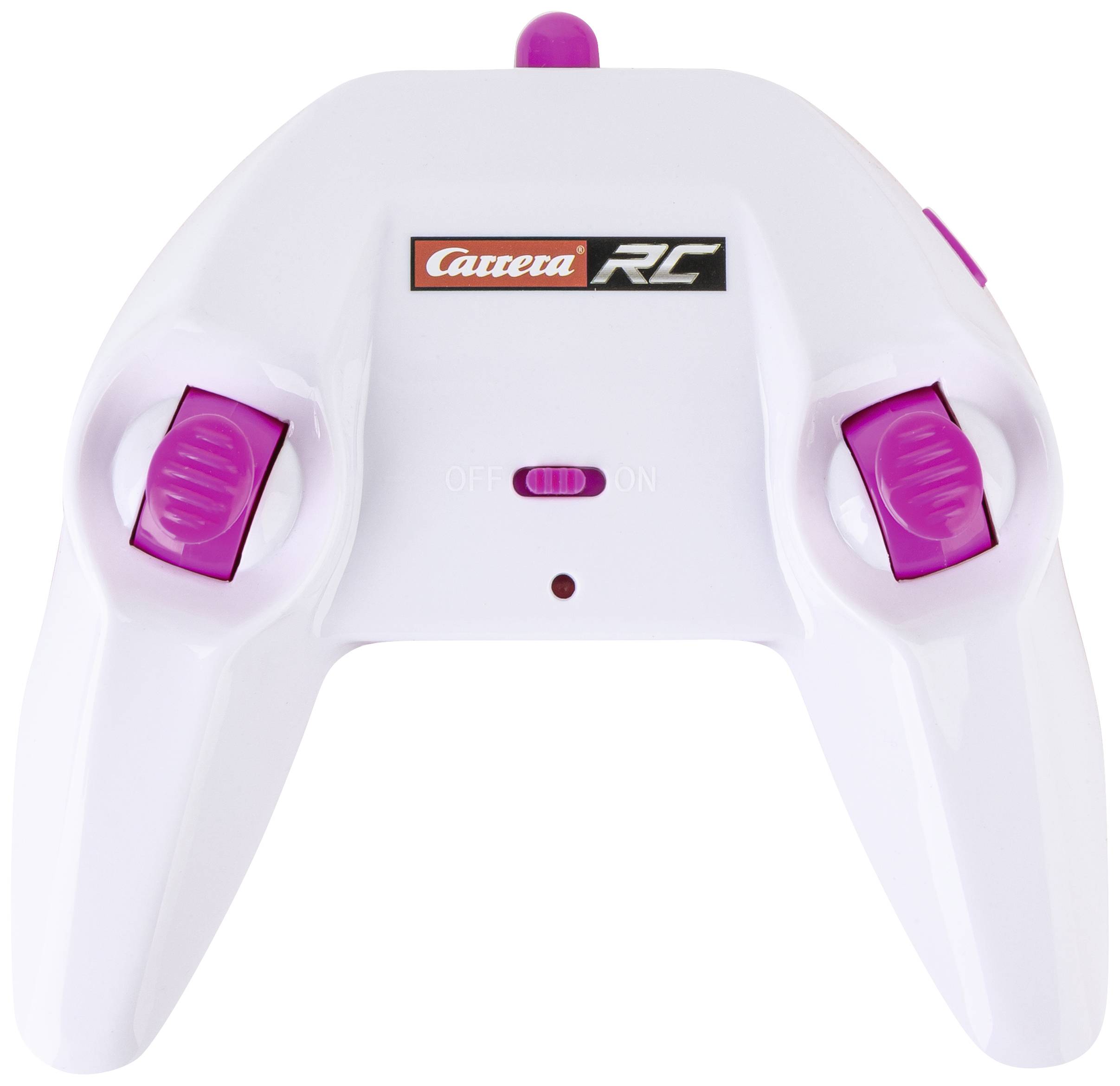 Weiße Fernbedienung mit zwei rosa Joysticks und 'Carrera RC' Logo auf der Vorderseite.