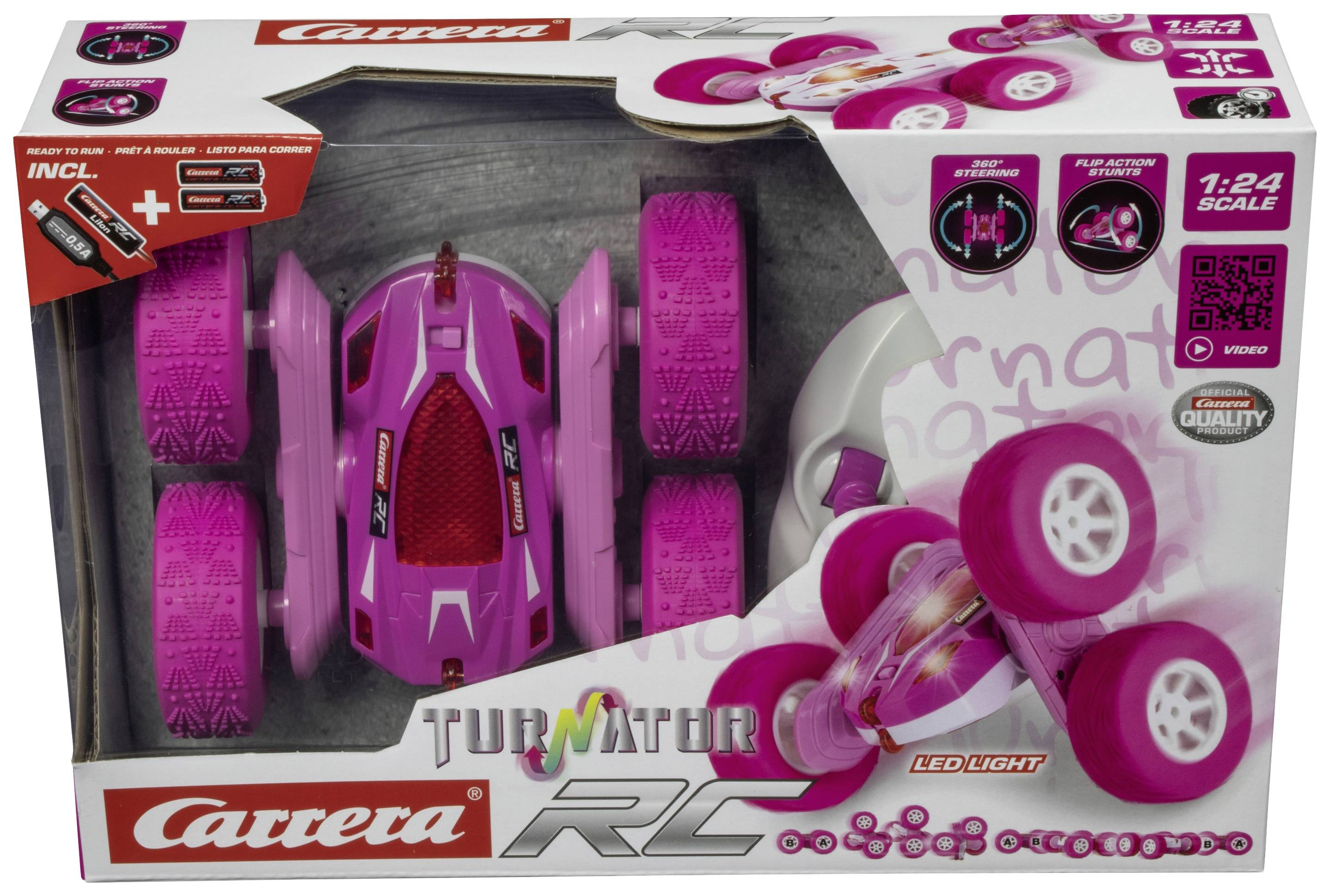 Fernsteuerbares Spielzeugauto in Rosa mit drehbaren Rädern und LED-Licht. Verpackung zeigt Markenname 'Carrera' und das Modell 'Turnator RC'.