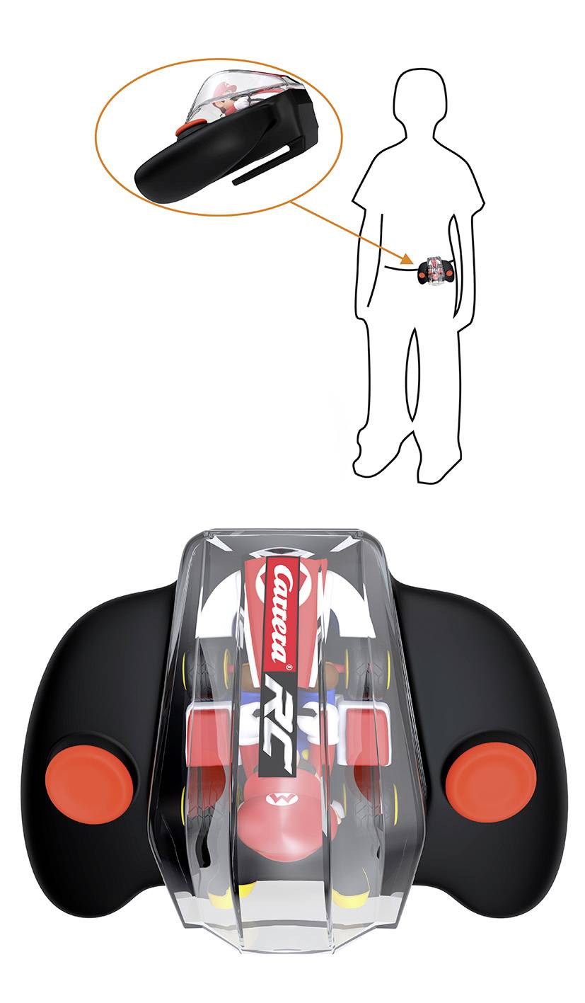 'Carrera RC' Spielzeugauto mit Fernsteuerung, die an den Gürtel gehängt werden kann. Der Controller hat zwei rote Knöpfe.