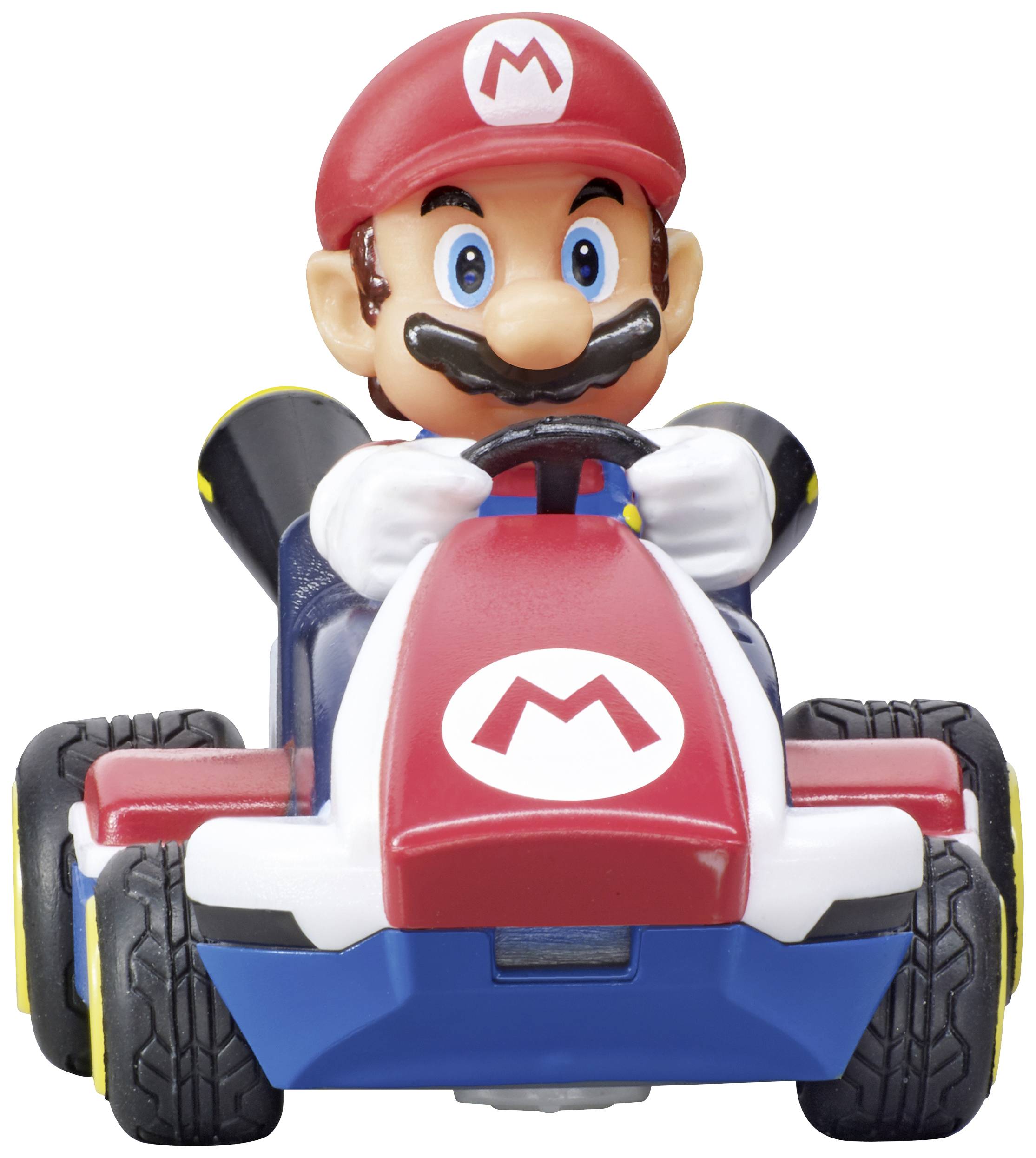 Ein Spielzeugfigur eines Charakters in einem roten Kart, trägt rote Mütze. Das Kart hat ein weißes 'M'-Symbol auf der Vorderseite.