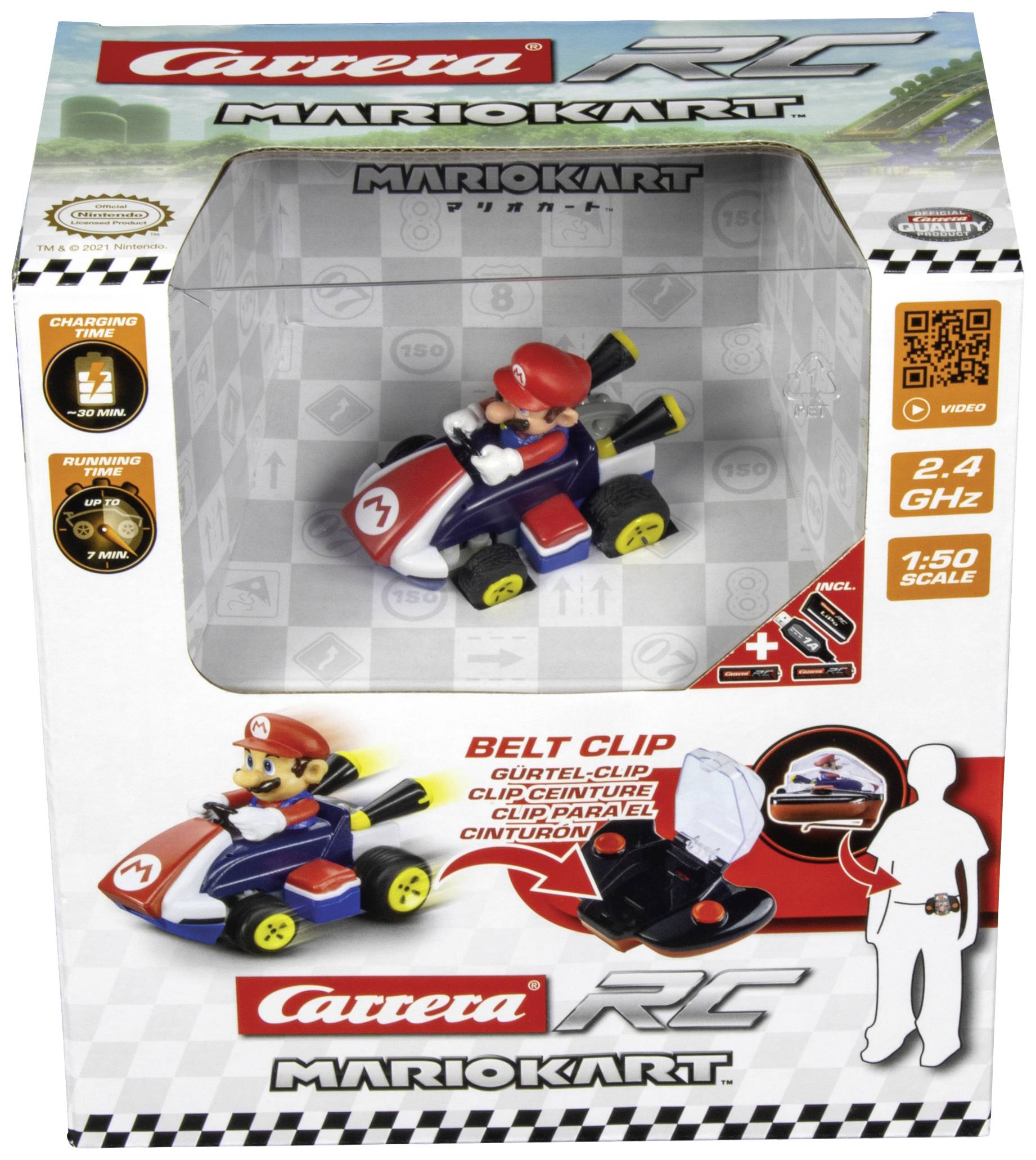 Spielzeugverpackung: 'Carrera Mario Kart RC'. Beinhaltet ein ferngesteuertes Auto im Maßstab 1:50 mit Mario-Figur. Enthält Gürtelclip.