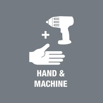 'Illustration einer Hand und einer Bohrmaschine mit einem Pluszeichen dazwischen. Text: HAND & MACHINE.'