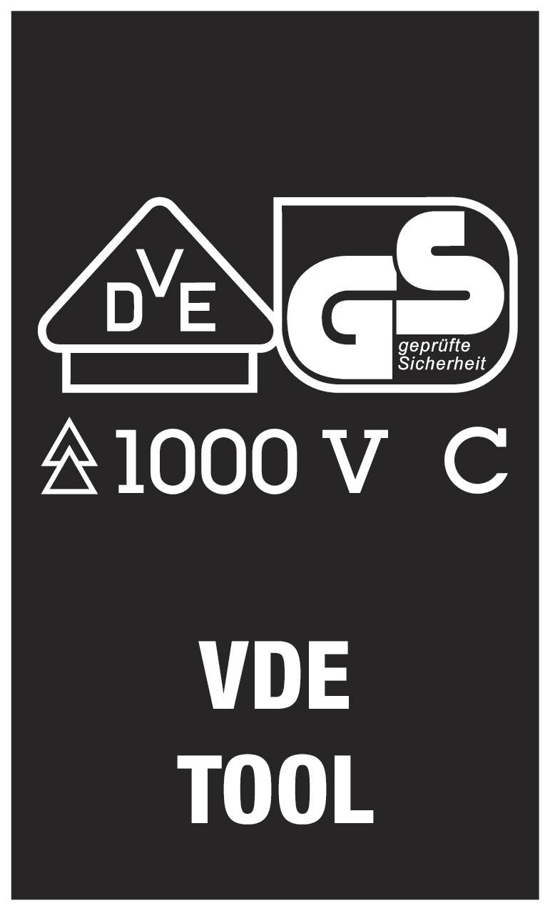 'VDE TOOL' Logo, enthält Symbole für VDE und GS-geprüfte Sicherheit, sowie Kennzeichnung '1000 V C' für Spannungsfestigkeit.