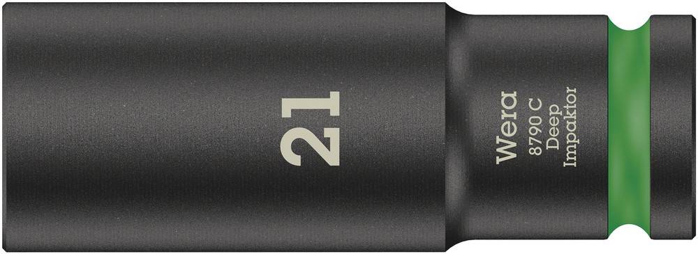 Schwarze Stecknuss mit grünem Ring, Aufdruck 'Wera 8790 C Impaktor', Größe '21'. Geeignet für robuste Anwendungen.