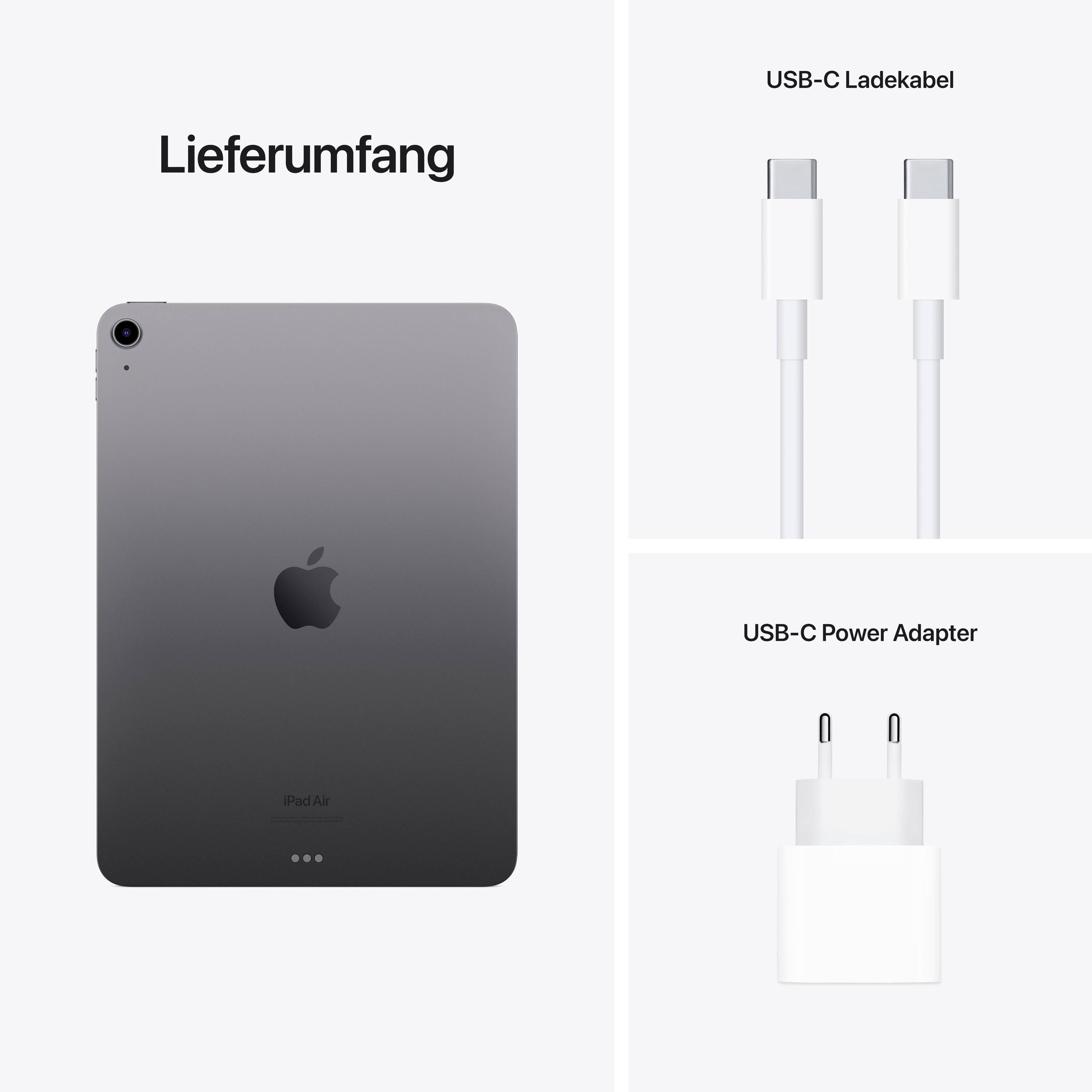 Lieferumfang eines Tablets: Abbildung zeigt ein Tablet in Dunkelgrau, ein USB-C Ladekabel und einen USB-C Power Adapter.