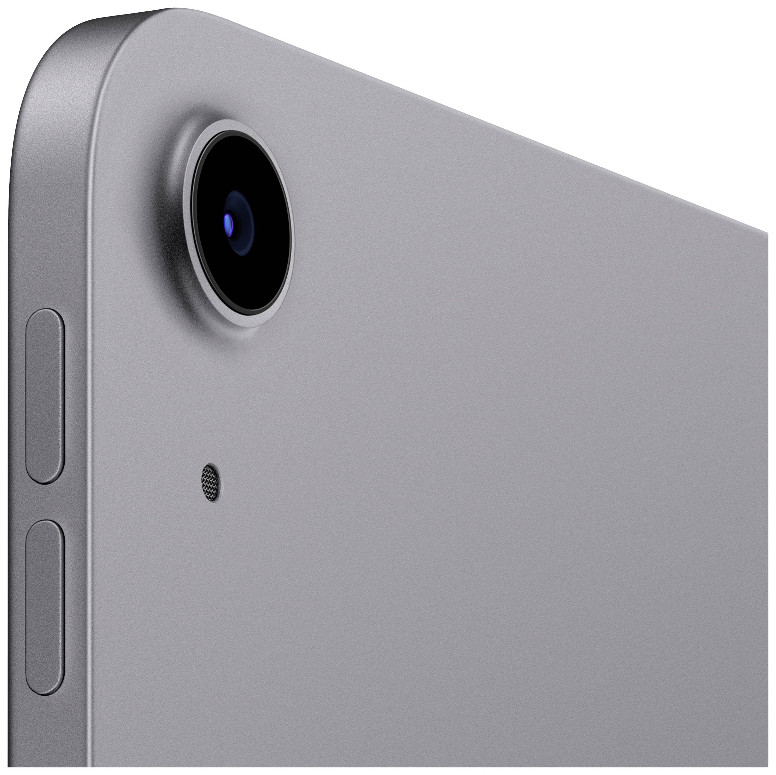 Ein silbergraues Tablet mit abgerundeten Ecken und einer Kamera in der linken oberen Ecke der Rückseite.
