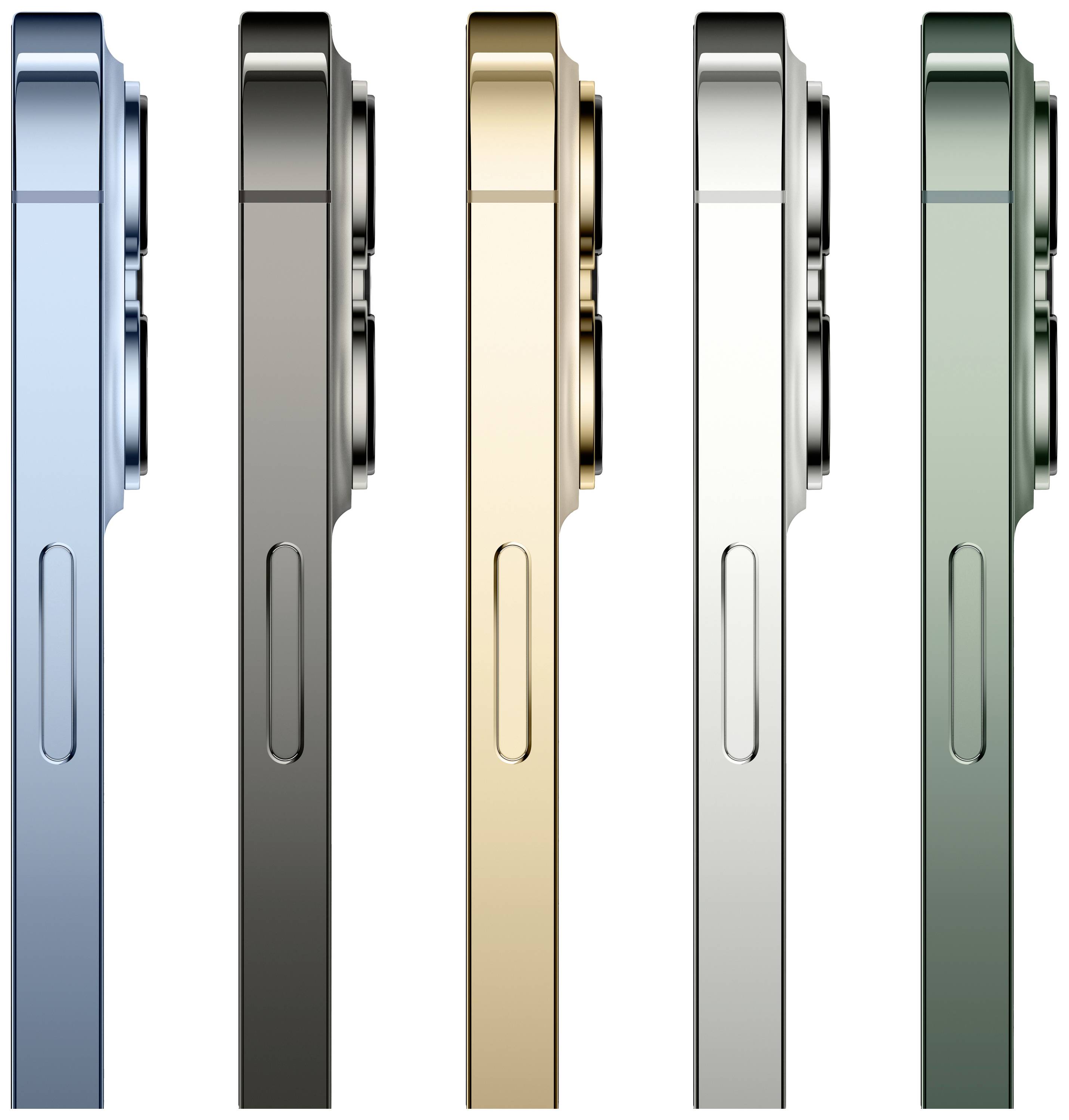 Fünf stehende Smartphones in Blau, Schwarz, Gold, Silber und Grün, von der Seite betrachtet, zeigen minimalistische Designunterschiede.