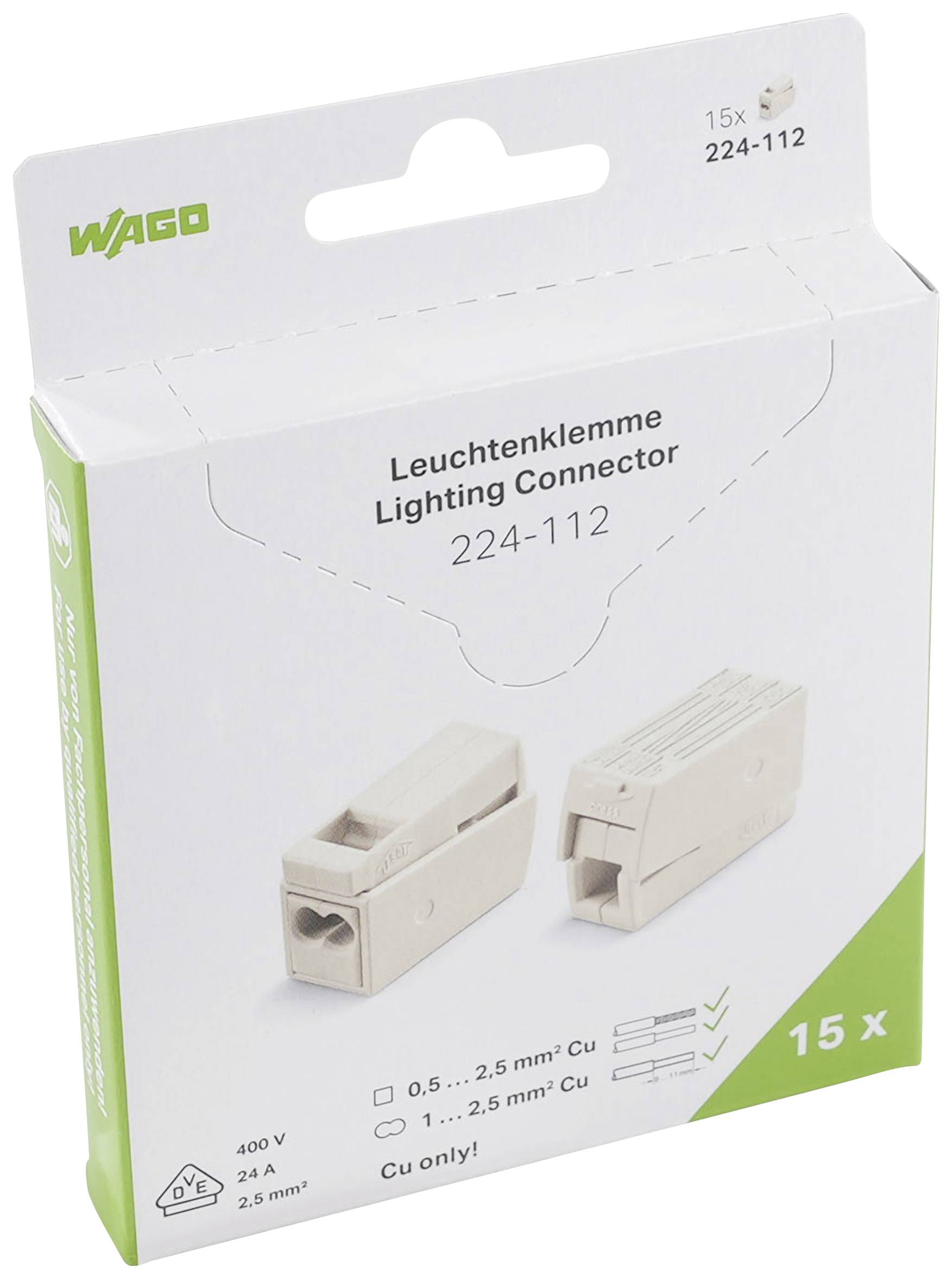 Verpackung von WAGO-Leuchtenklemmen, Modell 224-112. Enthält 15 Stück, geeignet für Kabelquerschnitte von 0,5 bis 2,5 mm², 400 V, 24 A.
