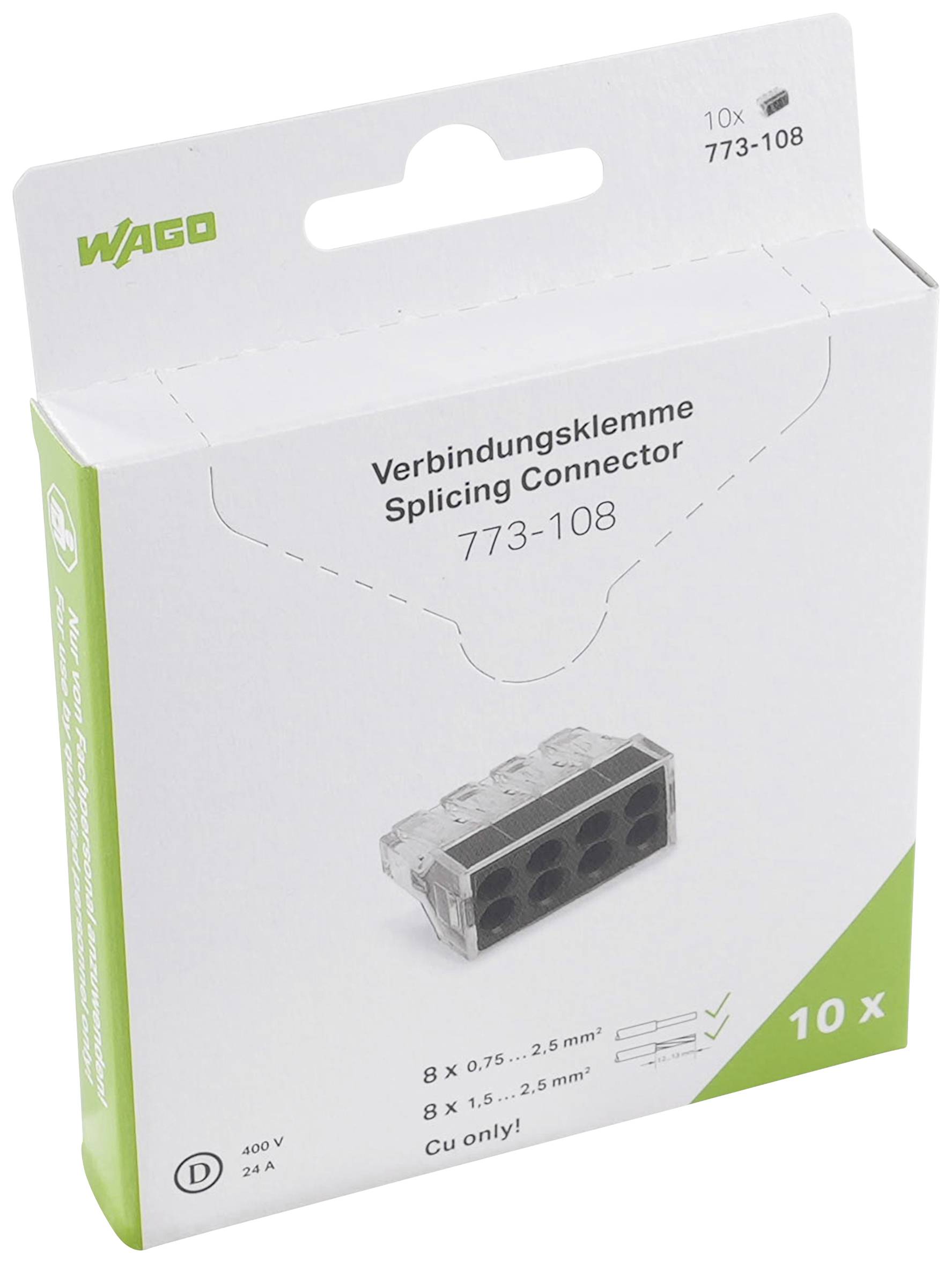 Verpackung von WAGO-Verbindungsklemmen, Modell 773-108, für 8 Kabel, 0,75-2,5 mm², Kupfer. Zeigt Produktabbildung auf der Vorderseite.