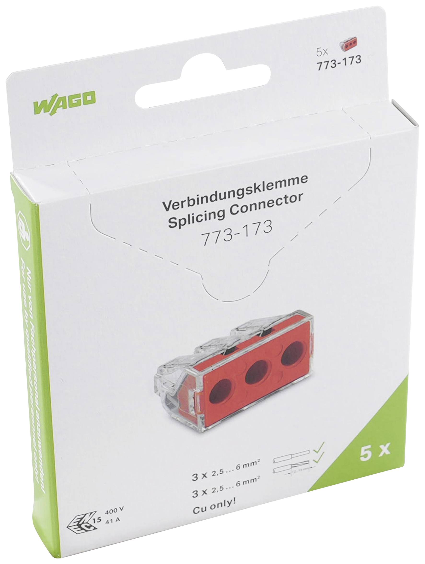 Verpackung einer WAGO Verbindungsklemme 773-173, 5 Stück. Geeignet für 3 x 2,5 mm² bis 6 mm² Kabel. 400V, 41A, nur für Kupfer.