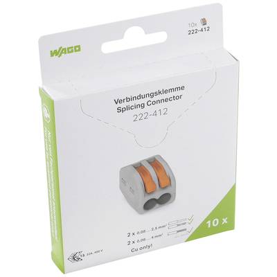 Verpackung der WAGO Verbindungsklemme 222-412. Zeigt die Klemme und spezifiziert: 2 x 0,08–2,5 mm², 32A, 400V, 10 Stück.