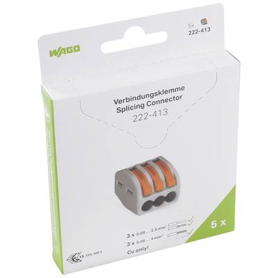 Weiße Verpackung für WAGO-Verbindungsklemme 222-413. Zeigt ein Bild der Klemme mit drei Hebeln, geeignet für 0,08- bis 4-mm²-Kabel. Enthält 5 Stück.
