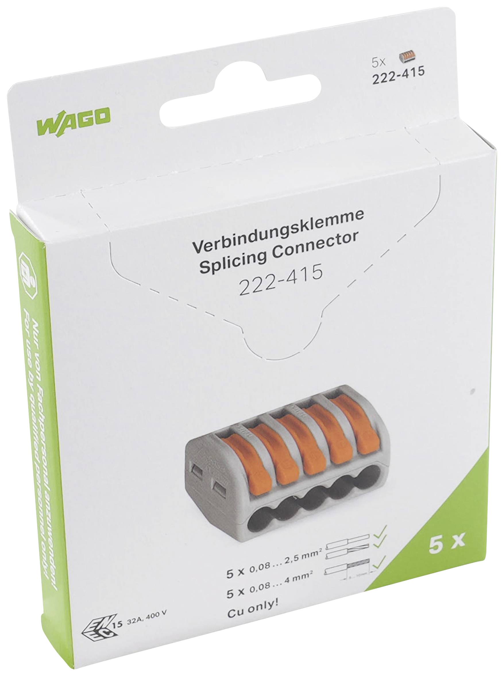 Verpackung von WAGO-Verbindungsklemme, 5er Set, Typ 222-415, für Kabel von 0,08 bis 4 mm², geeignet für 32 A, 400 V.